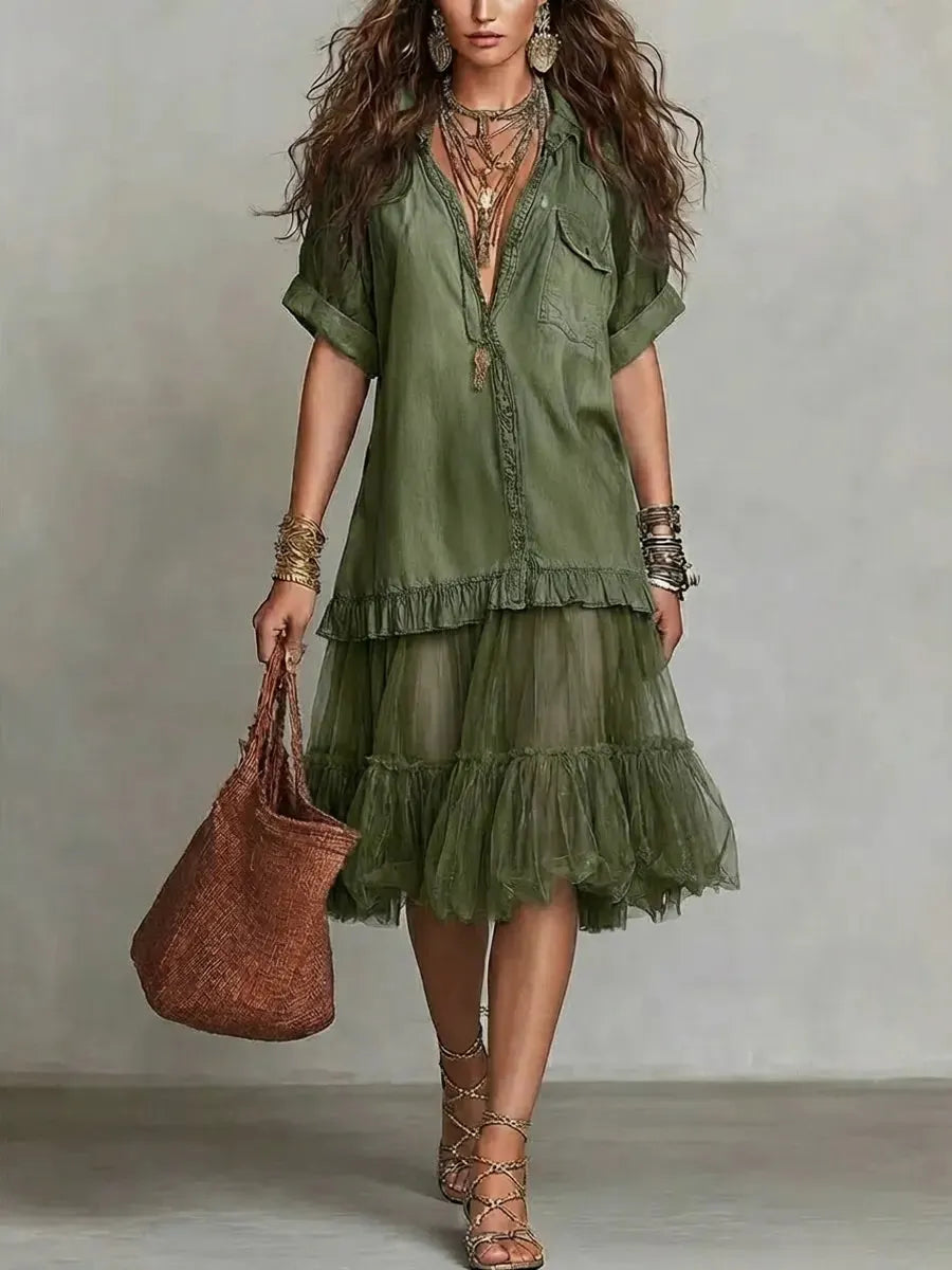 Women's Retro Lapel Denim Organza Patchwork Art Casual Dress