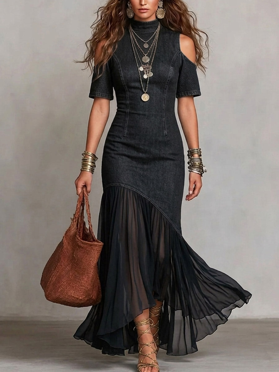 Women's Stand-collar Short-sleeve Slim-fit Casual Denim-paneled Dress