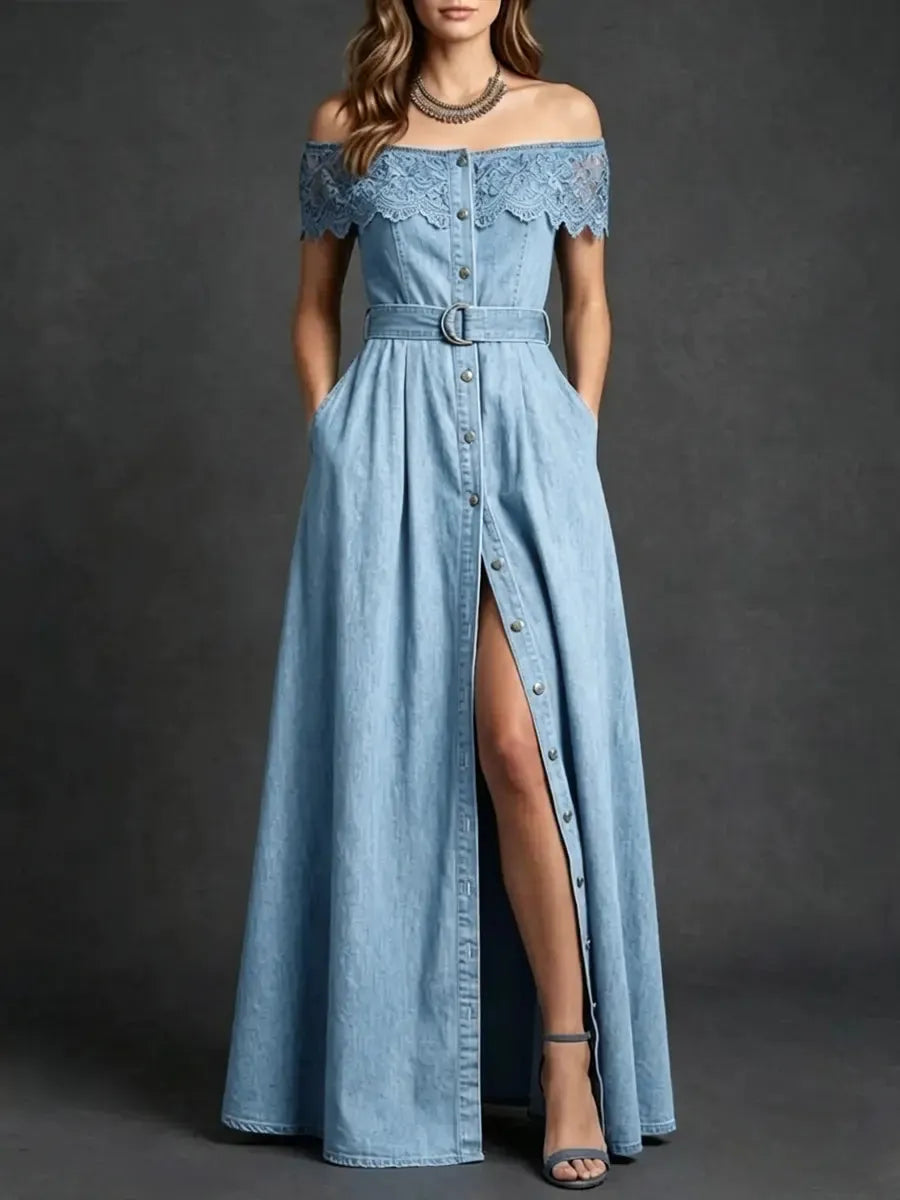Women's Casual Off-Shoulder Denim Long Dress