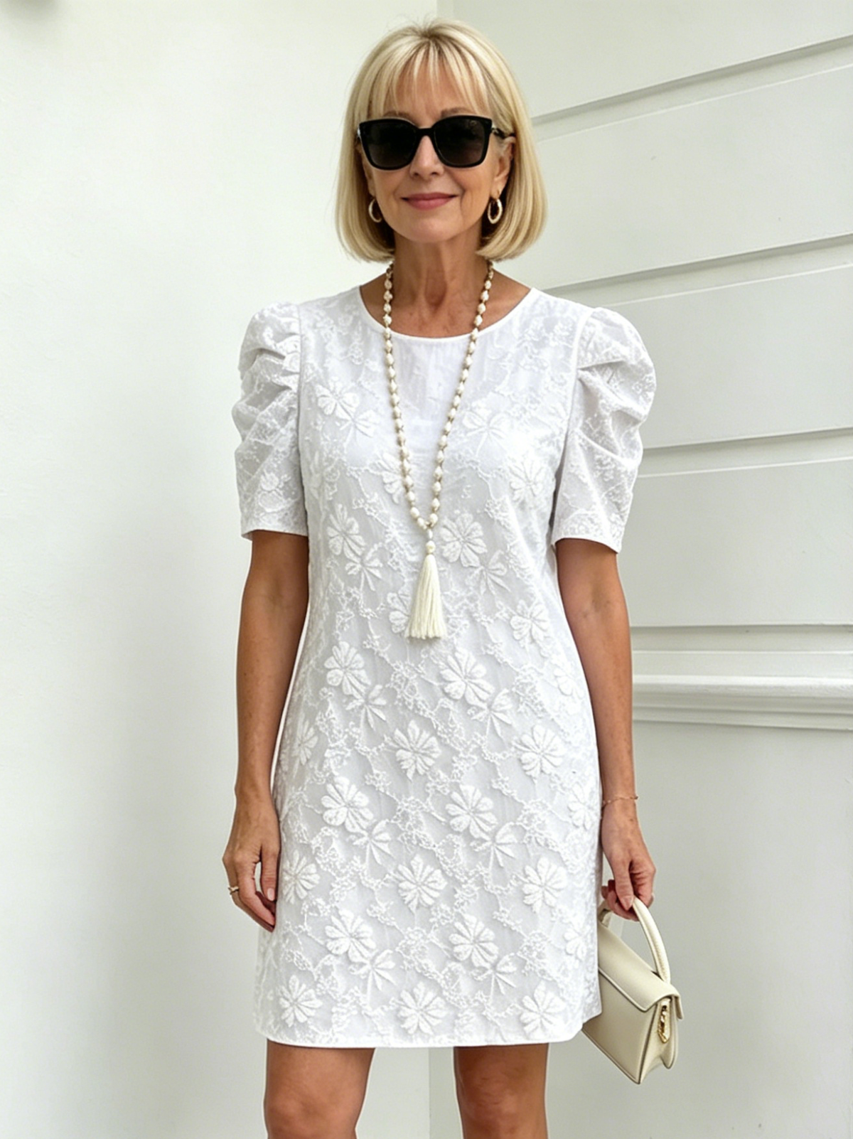 Bubble Sleeve Textured Jacquard Crew Neck Vintage Style Dress