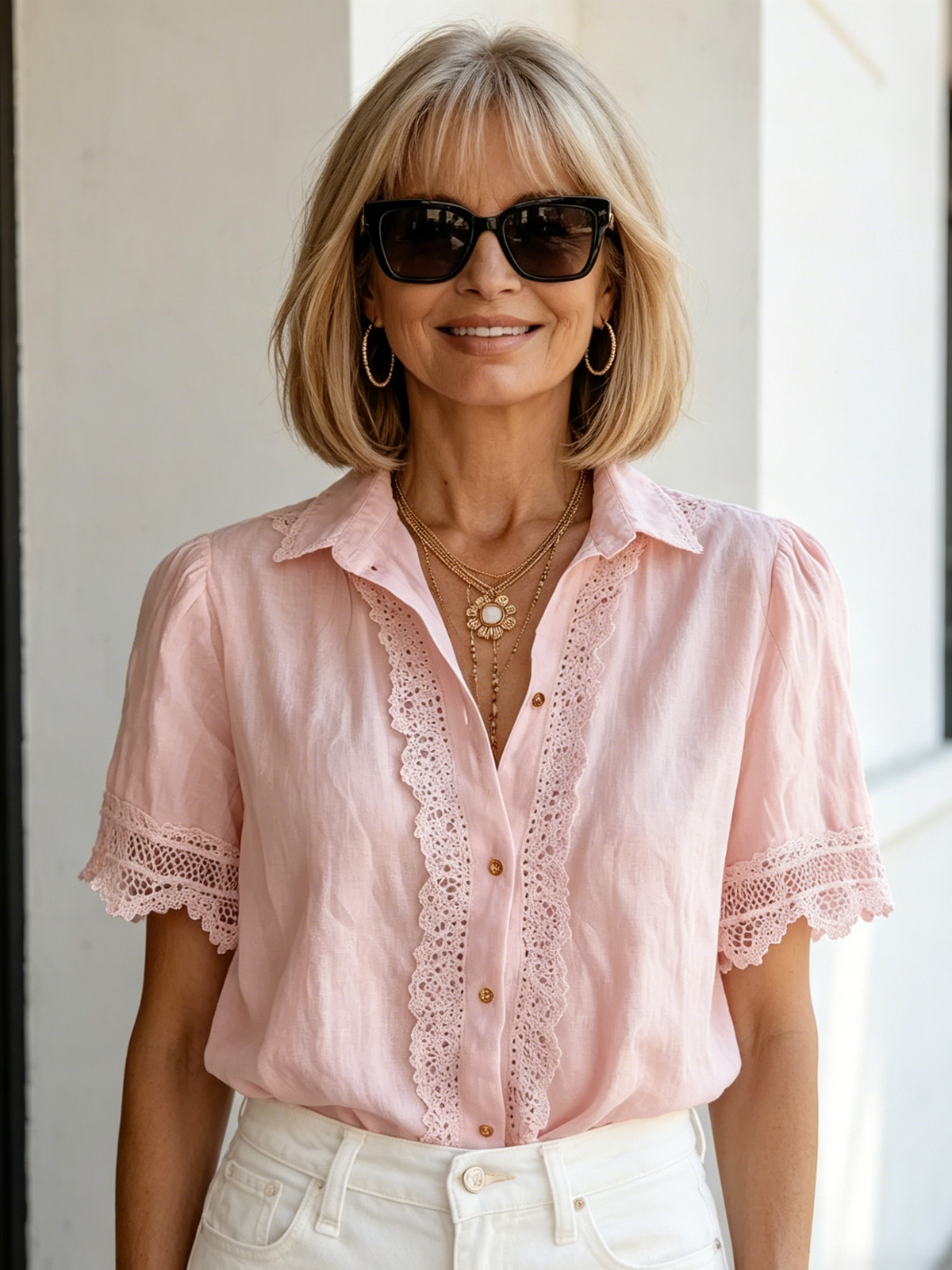 Lace Cotton and Linen Short-sleeved Casual Shirt Women