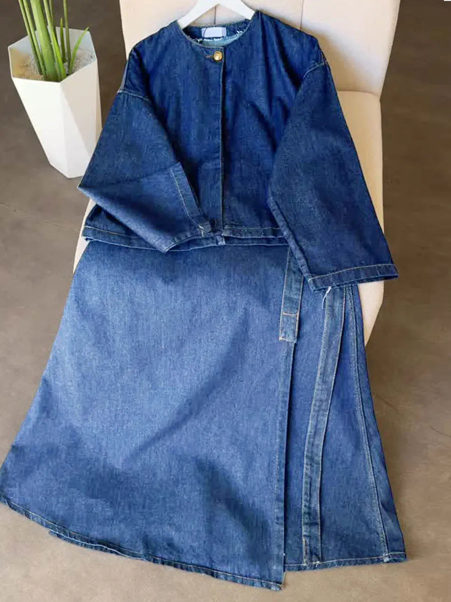 Women's Casual Denim Set: Crew Neck Long-sleeve Loose-fit Top & One-piece Wrap Skirt