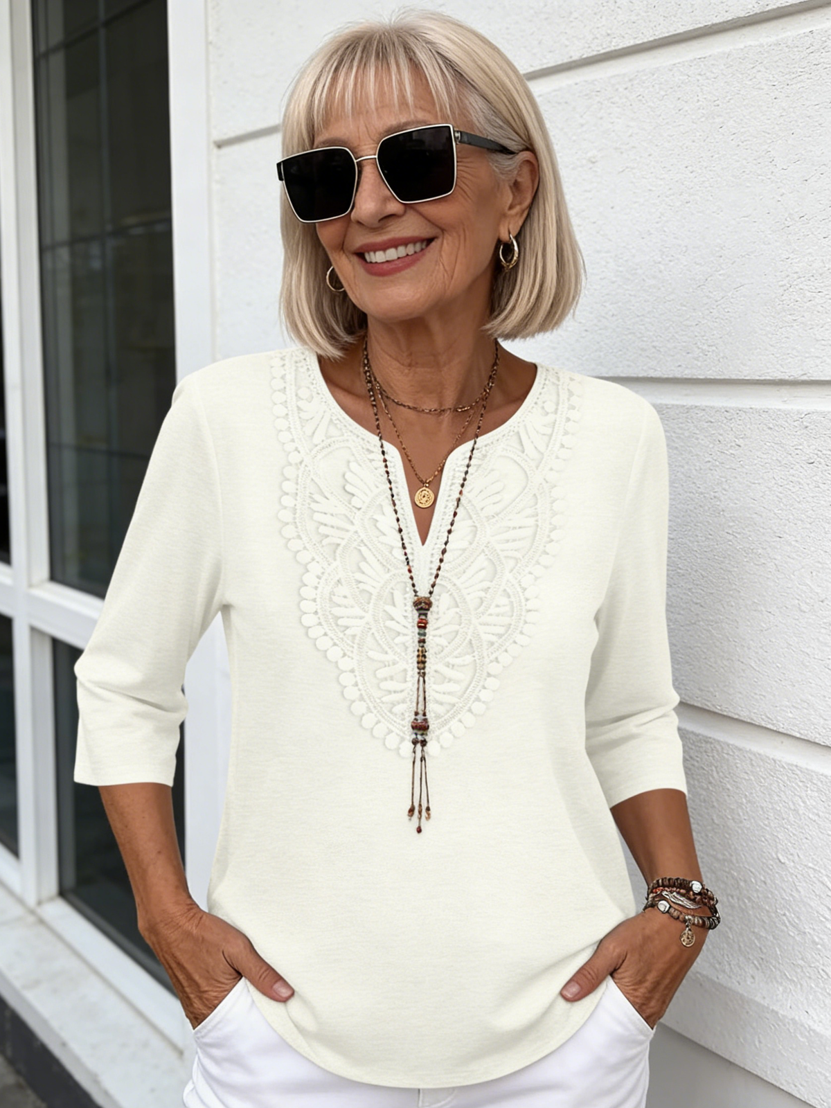 V-neck Lace Splicing Loose Women's Solid Color Seven-quarter Sleeve T-shirt Top Solid Color