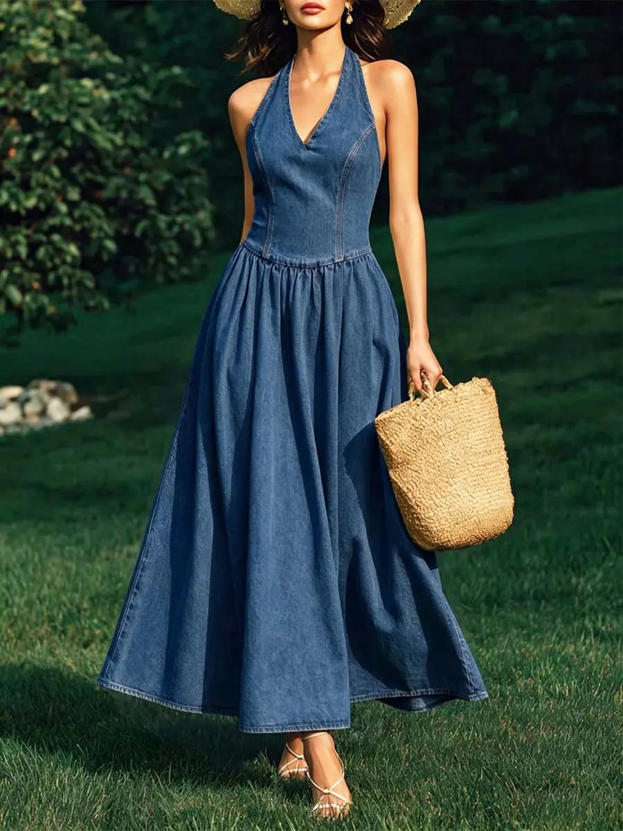 Women's Solid Color Art Stylish V-Collar Casual Denim Dress