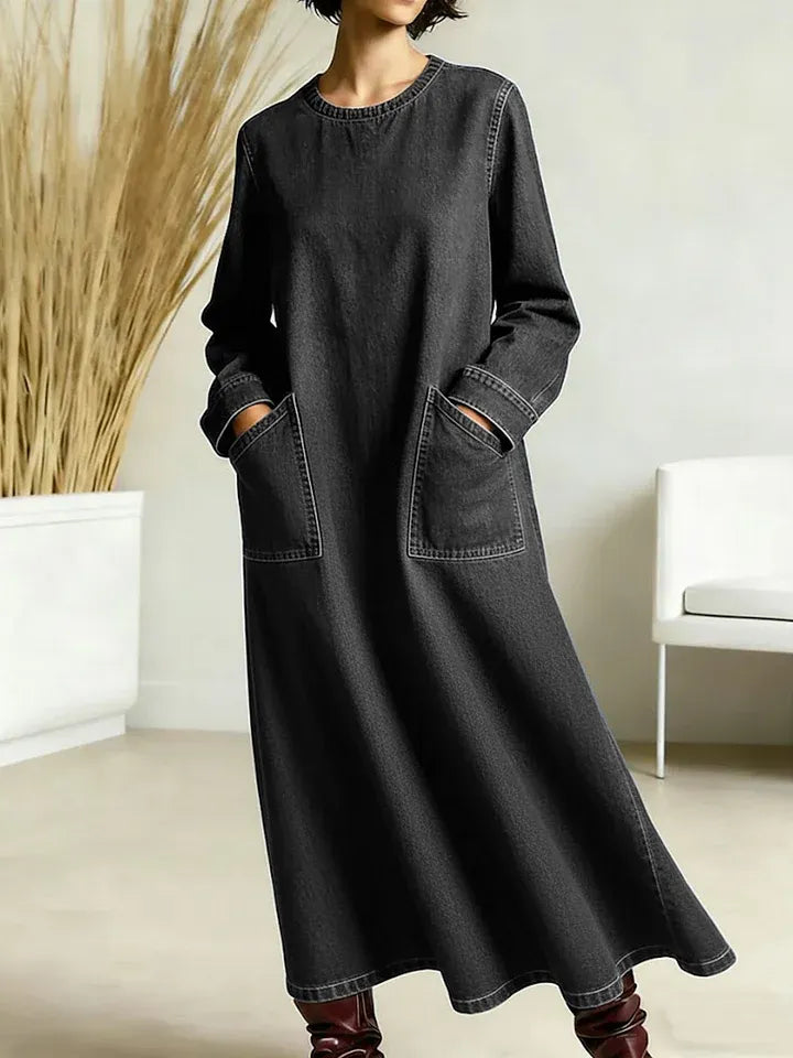 Women's New Spring Collection Round Neck Long-sleeved Casual Loose Denim Dress With Pockets