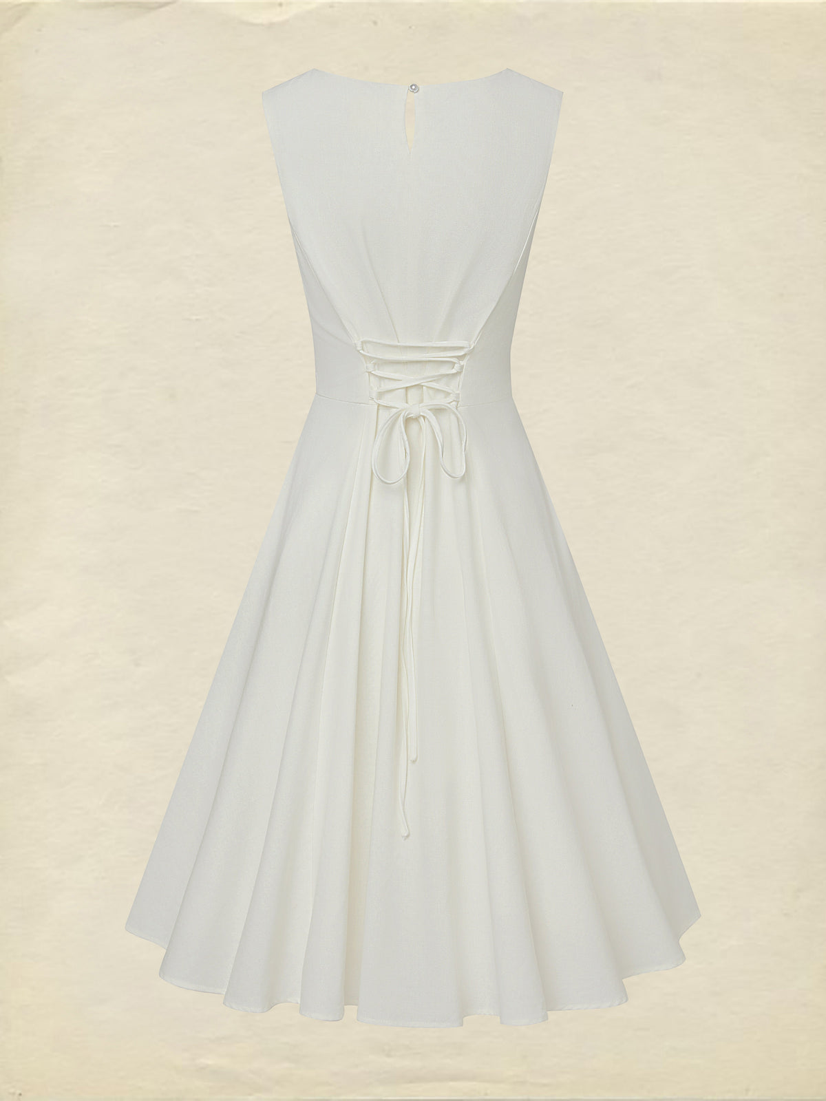 Midi Linen Dress , Sleeveless, Round Neck, Plain, Lace, French Vintage, White