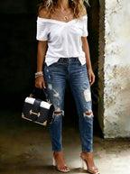 Women’s Stylish Casual Brushed Denim Distressed Holes Denim Pants