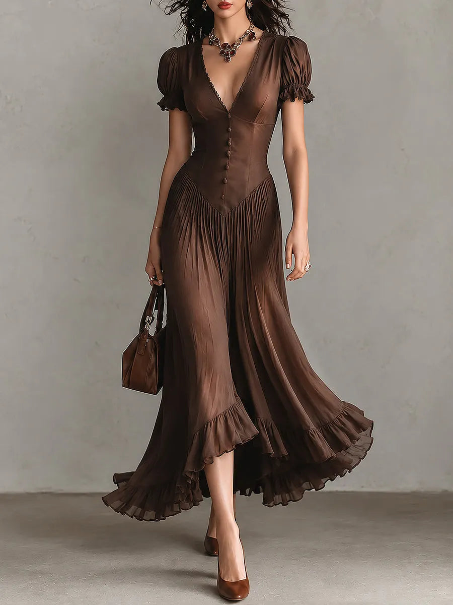 Elegant Tencel Puff-sleeve Maxi Dress With A Ruffled Hem