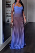 Women Neck Hanging Slim Fitting Gradient Patchwork Pleated Elegant Temperament Dress