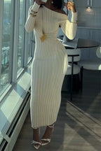 Women Diagonal Shoulder Collar Pit Stripe Knitted Elegant Temperament Dress
