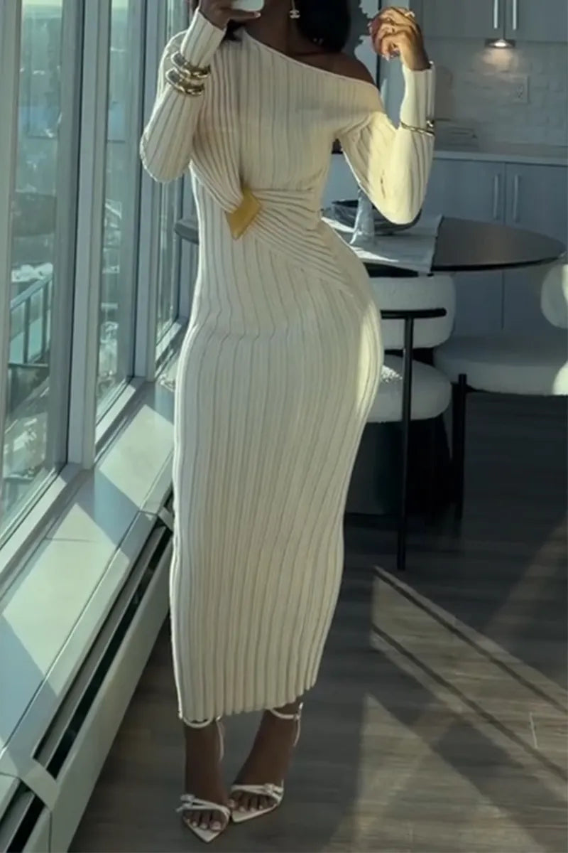 Women Diagonal Shoulder Collar Pit Stripe Knitted Elegant Temperament Dress