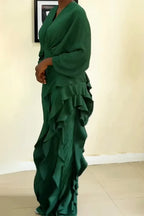 Women V-neck Waist Cinching Solid Color Elegant Temperament Dress
