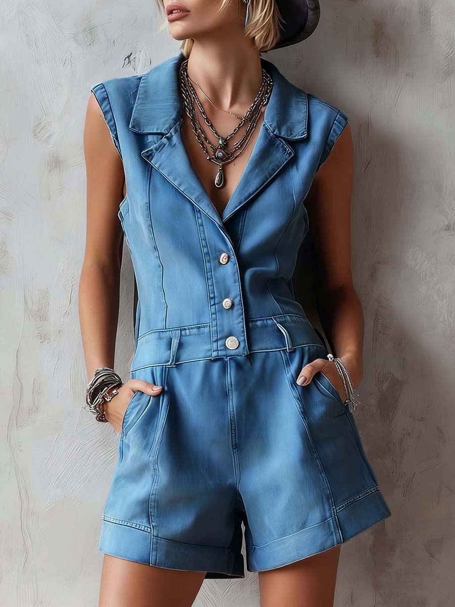 Women's Sleeveless Casual Loose Denim Jumpsuit With Lapel Collar