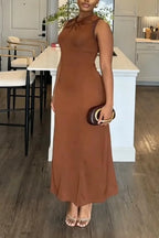 Women Round Neck Sleeveless Solid Color Elegant Temperament Dress