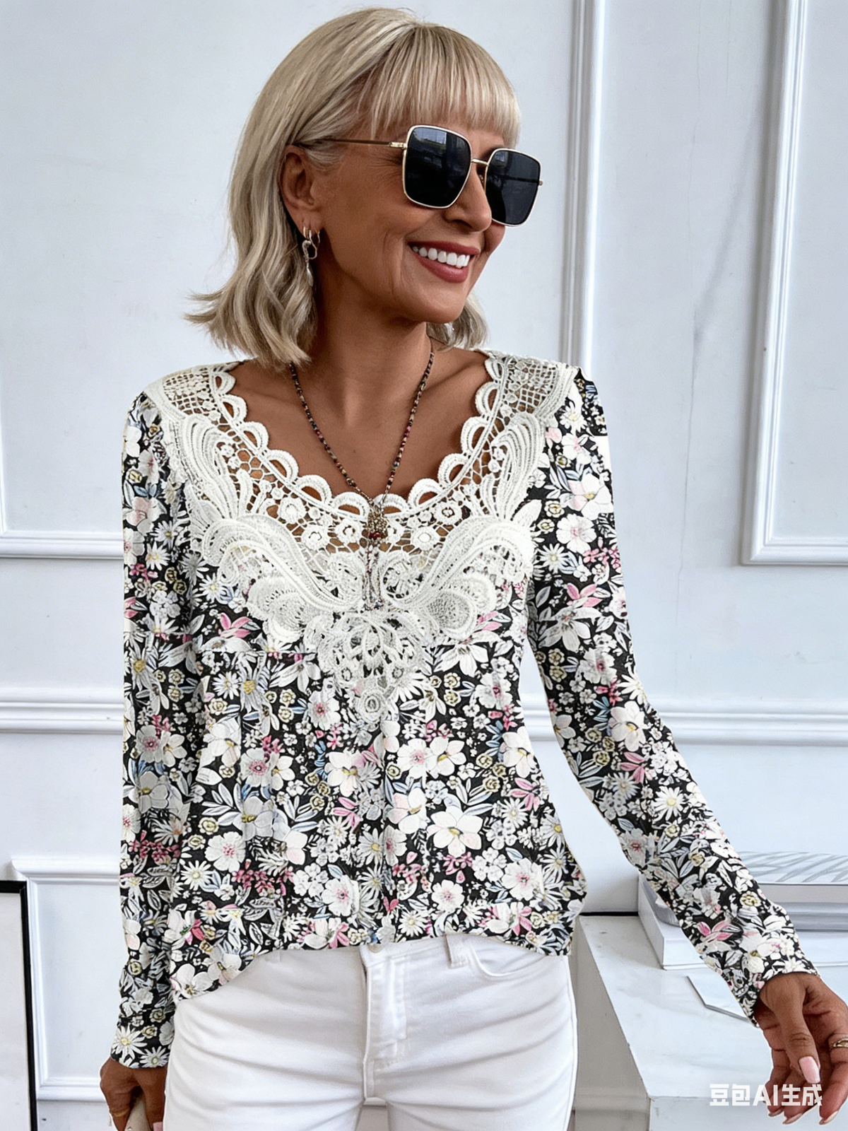 Casual Crew Neck Long Sleeve Pullover Printing Multi-Color Women's T-Shirt Splicing Lace