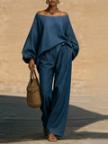 Stylish & Cozy Off-shoulder Denim Two-piece Set