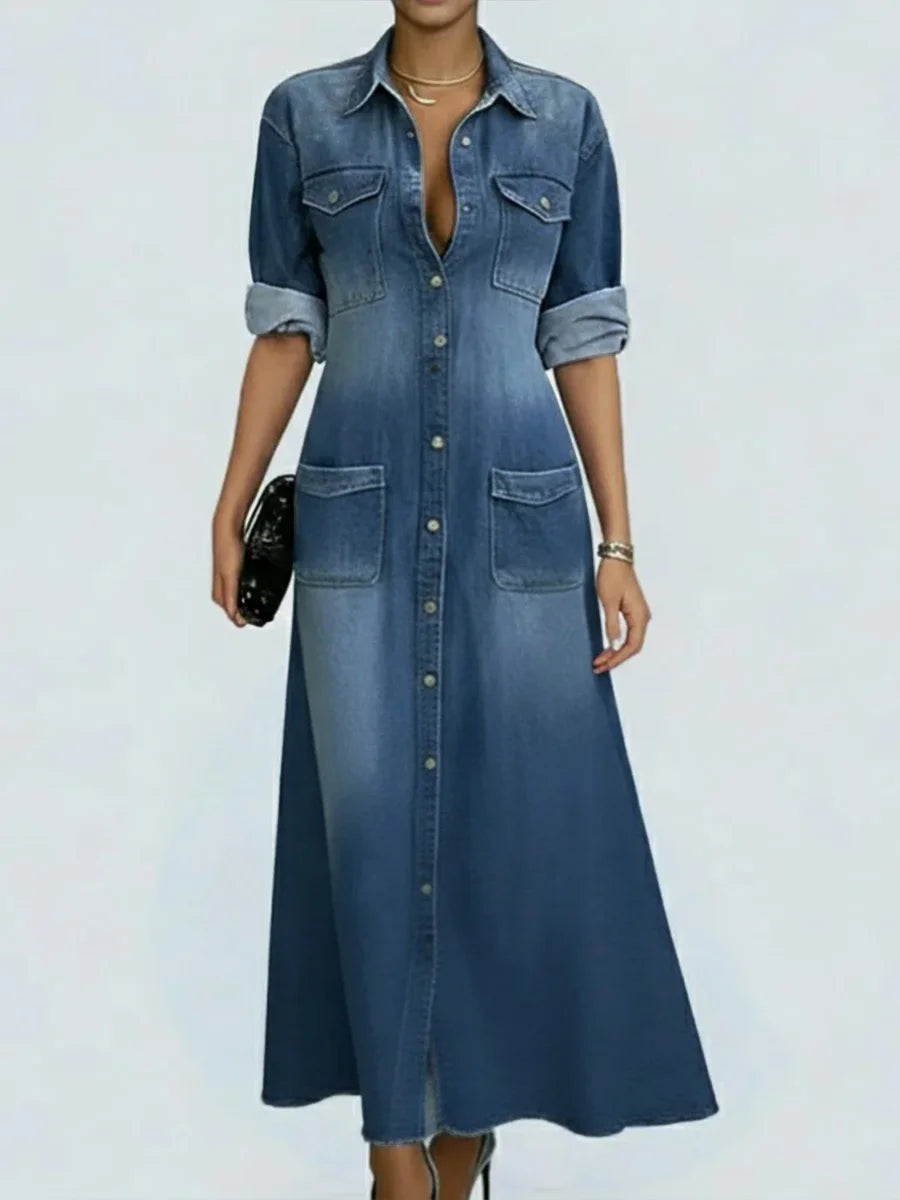 Women's Lapel Long-sleeved Button Casual Loose Denim Shirt Dress