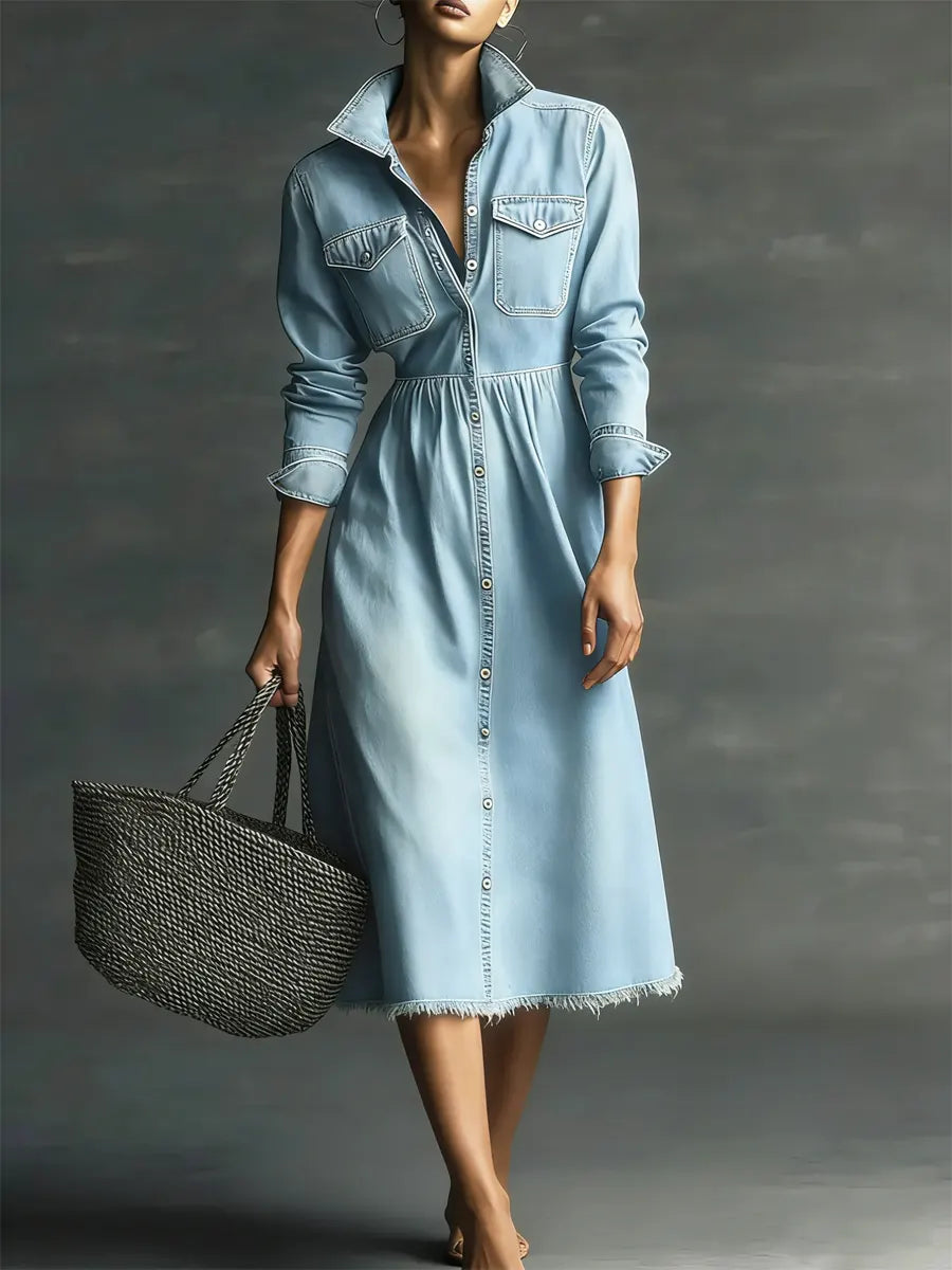 Women's Stylish Art Casual Stand Collar Washed Denim Dress