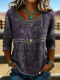 Retro Floral Print Casual Hollow Denim Shirt