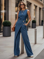 Buttoned Interlace Pockets Solid Color Split-Joint High Waisted Irregularity Round-Neck Jumpsuits