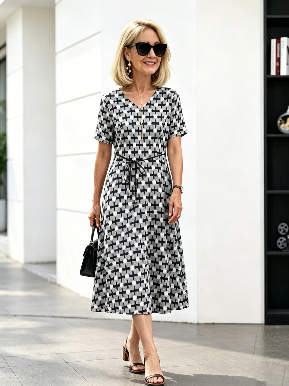 Orange Floral V-Neck Midi Dress, Short Sleeve Elastic Waist Slimming Temperament Long Dress for Mature Women