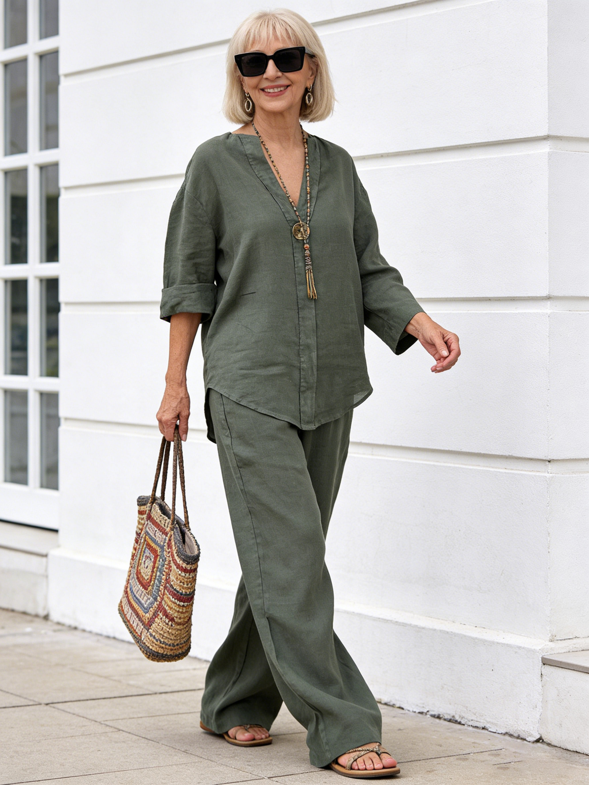 2Pcs Women's Comfortable Loose Top Wide Leg Pants Casual Cotton and Linen Set