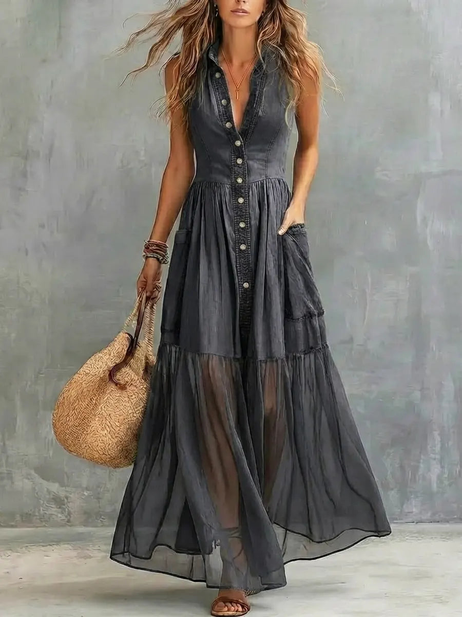 Women's Retro Lapel Denim Organza Patchwork Art Casual Maxi Dress