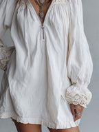 Vintage-style Zip-up Collar Lace-trimmed White Mini Dress