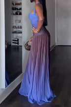 Women Neck Hanging Slim Fitting Gradient Patchwork Pleated Elegant Temperament Dress