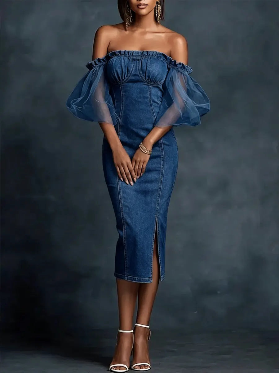 Women's Elegant Mesh Splice Off-shoulder Bodycon Denim Dress