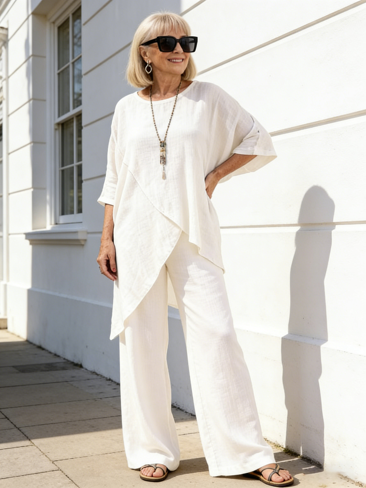 2Pcs Set Cotton and Linen Sleeves Round Neck Loose Casual Irregular Hem Set