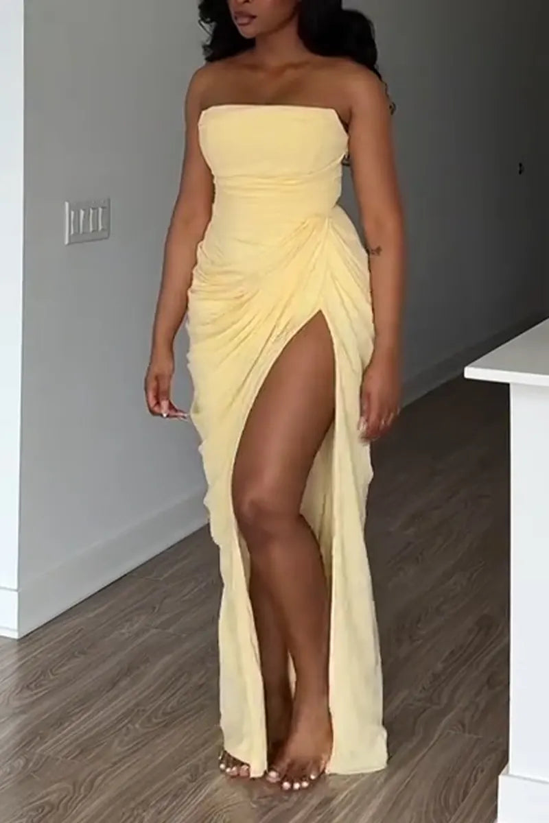 Women Strapless Slit Solid Color Dinner Party Style Dress