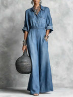Women's Retro Casual Long Sleeve Lapel Stylish Denim Jumpsuit