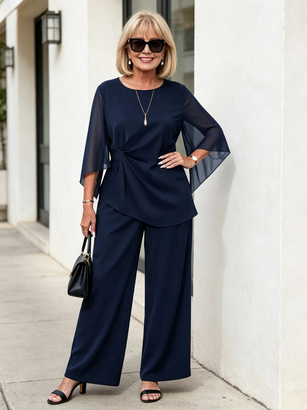2Pcs Light Blue Chiffon 2 Piece Outfit, Irregular Twist Flare Sleeve Top & Wide Leg Pants Set for Mature Women