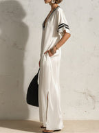Minimalist Satin V-Neck Short-Sleeve Loose Maxi Dress
