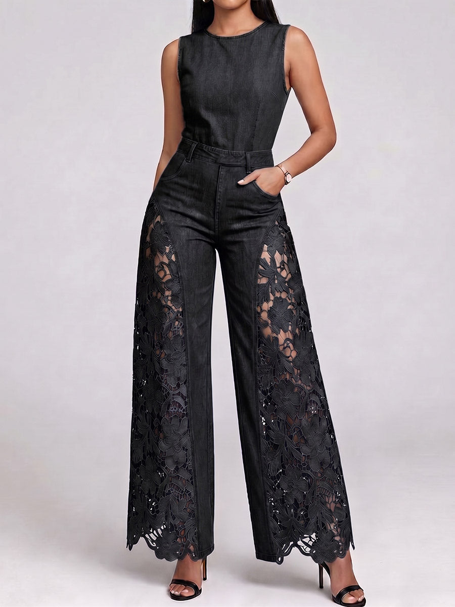 Women's Round-neck Sleeveless Cutout Lace Casual Loose-fit Denim Wide-leg Jumpsuit