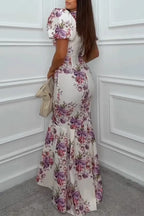 Women V-neck Slim Fit Patchwork Print Elegant Temperament Dress