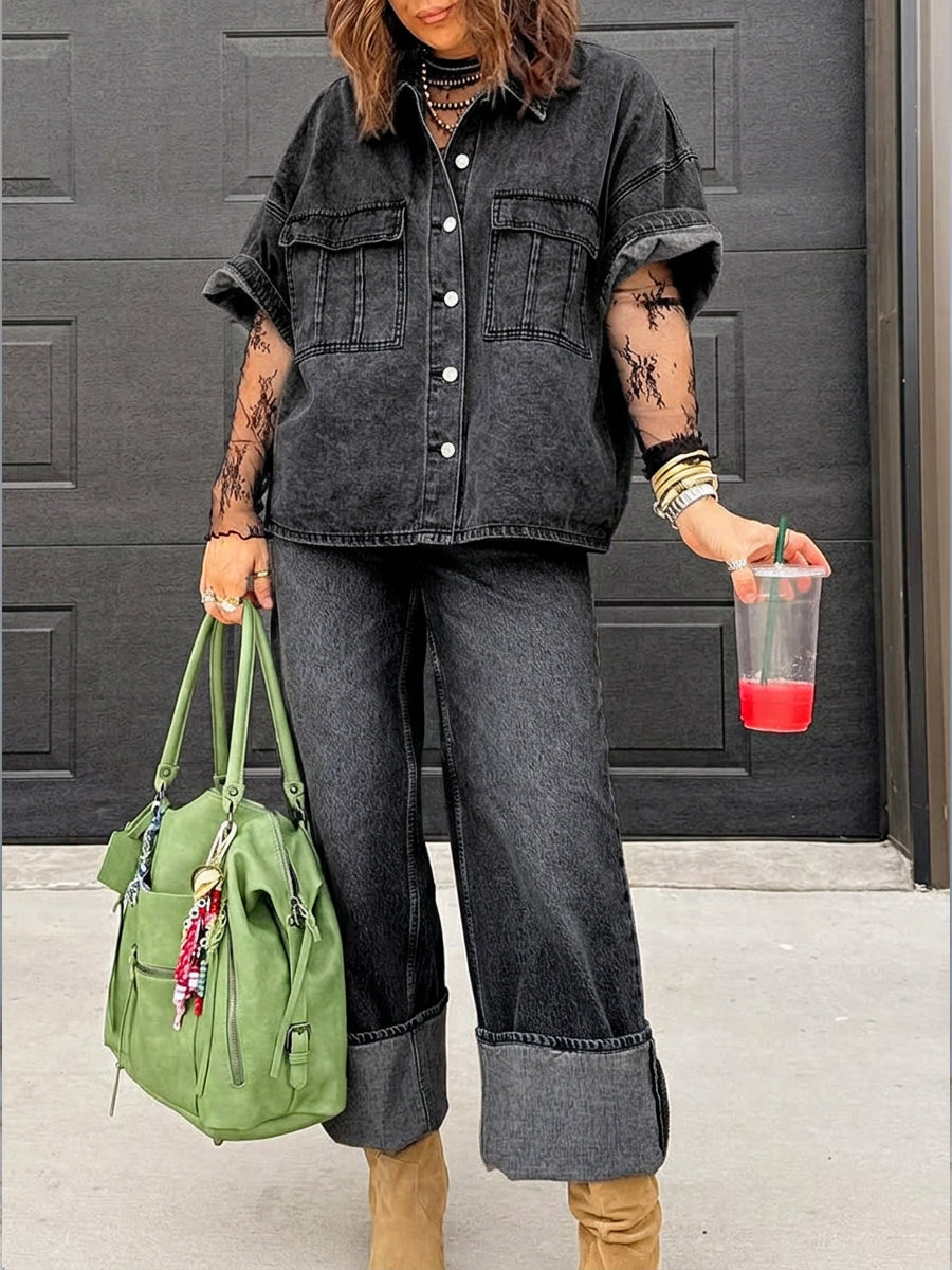 Casual Short-sleeved Denim Shirt And Jeans Two-piece Set