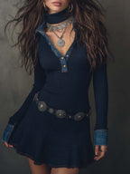Retro Flare Hem Knit Denim Trim Mini Dress