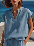 Casual Vacation Blue Tencel Denim Shorts Set