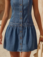 Retro Coastal Blue Denim Peter Pan Collar Button-Down Sleeveless Mini Dress