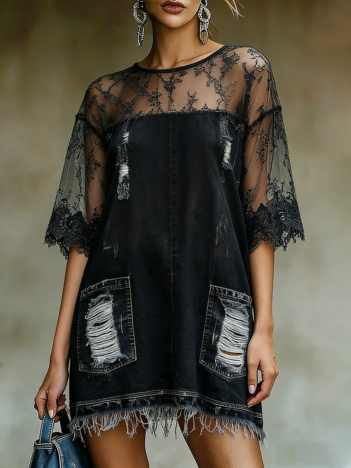 Bohemian-style Denim Mini Dress With Round Neck, Three-quarter Sleeves, And Contrast Piping