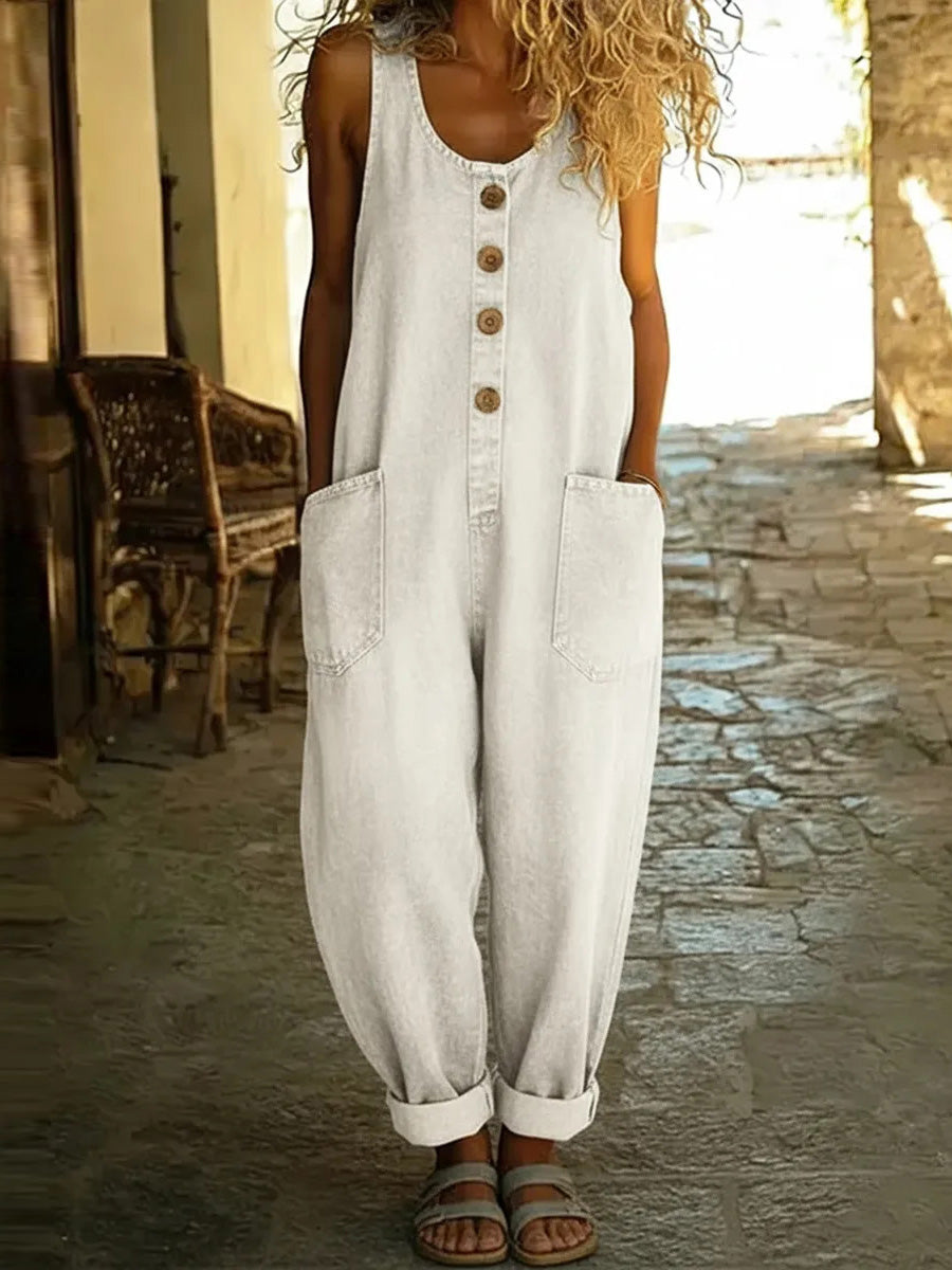 Buttoned Pockets Solid Color Split-Joint Loose Plus Size U-Neck Overalls