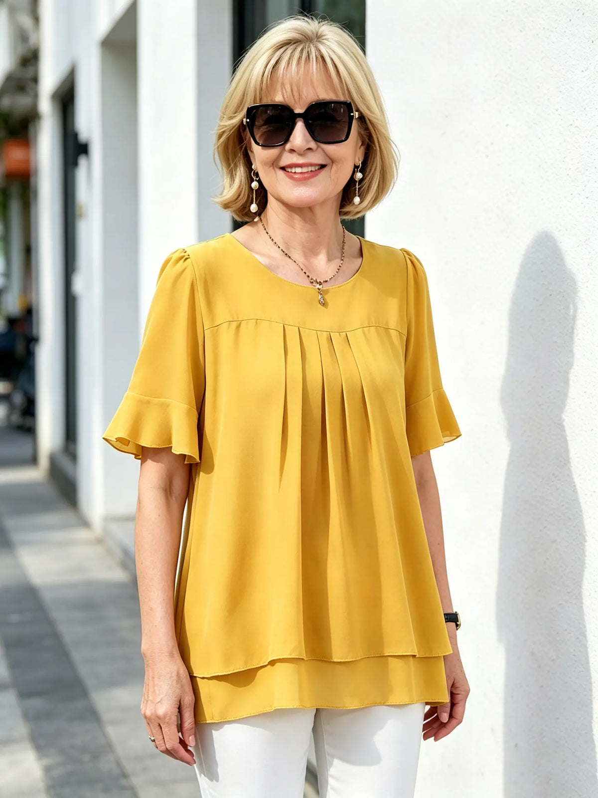 Pink Layered Chiffon Tunic Top, Round Neck Ruffle Short Sleeve Loose Tummy Concealing Blouse for Mature Women