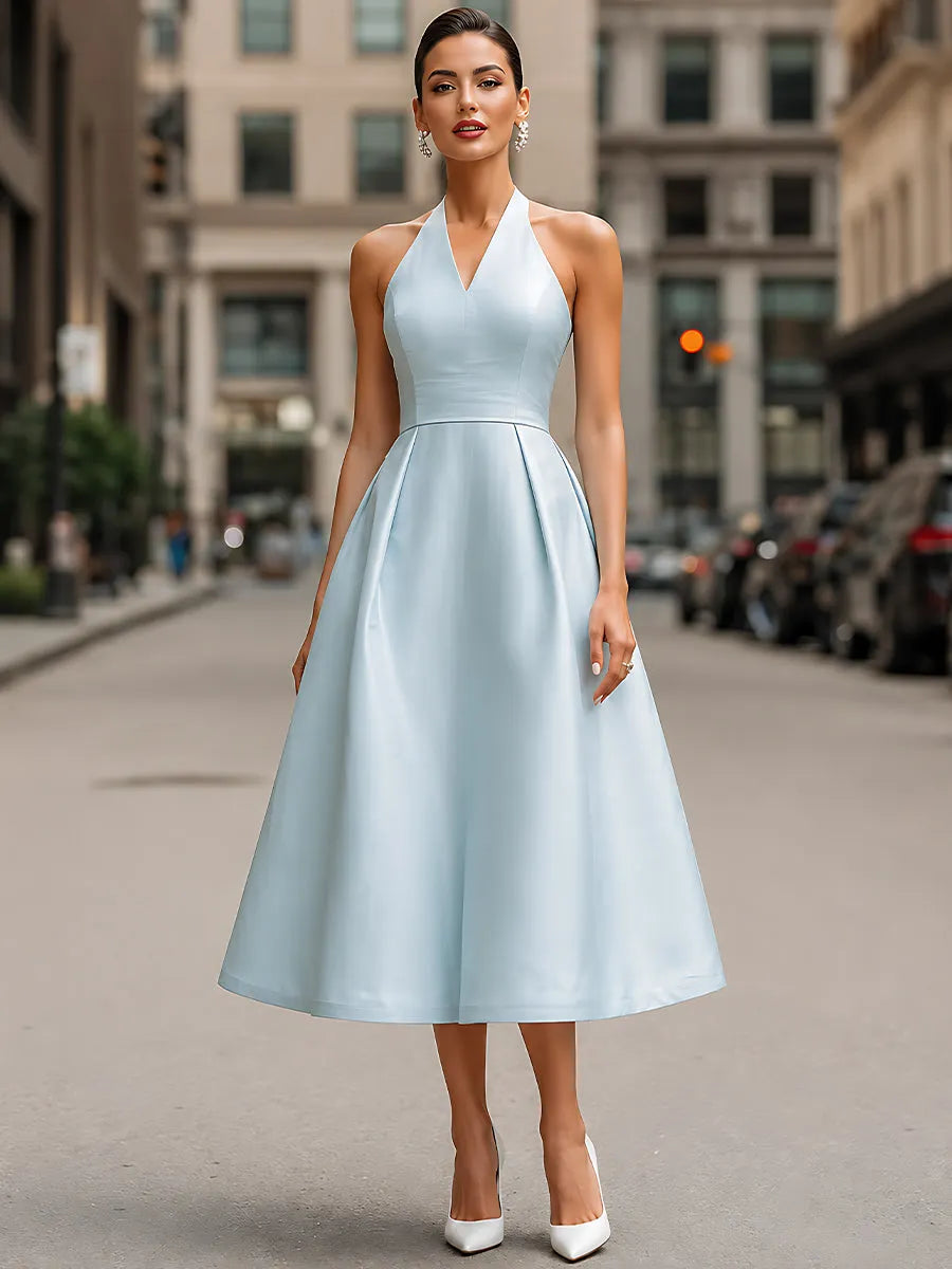Sky Blue Halter Neck A-Line Midi Dress