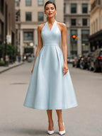 Sky Blue Halter Neck A-Line Midi Dress
