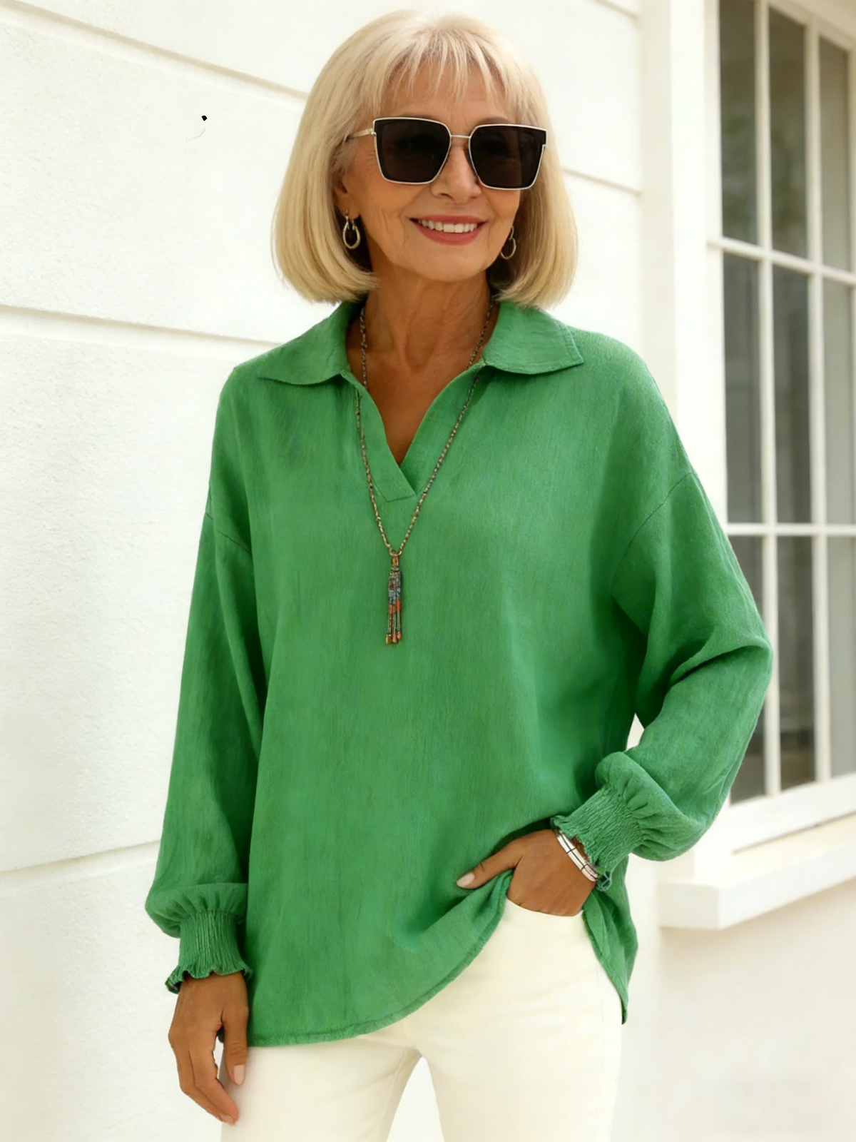 Pure Cotton Solid Color Casual Loose Fashion Lapel Long-sleeved Top