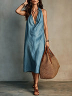 Elegant Draped V-neck Denim Midi Dress