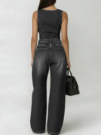 Women's Round Neck Sleeveless Casual Loose Denim Wide-leg Jumpsuit