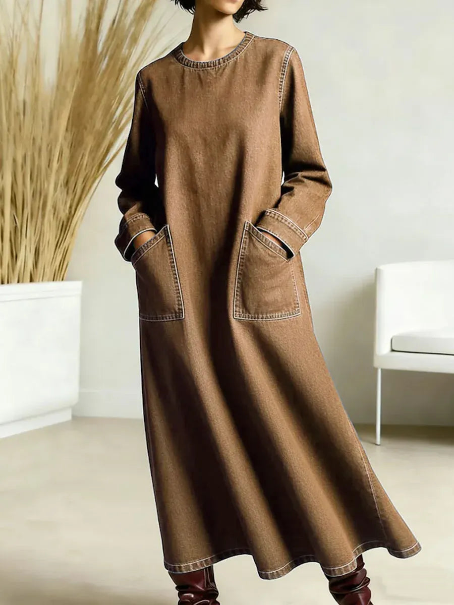 Women's New Spring Collection Round Neck Long-sleeved Casual Loose Denim Dress With Pockets